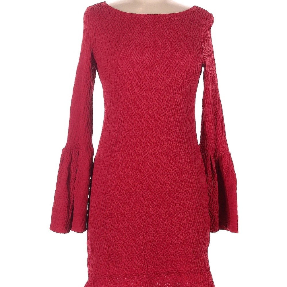 Red Red Basically Me boutique-style dress with bell sleeves
